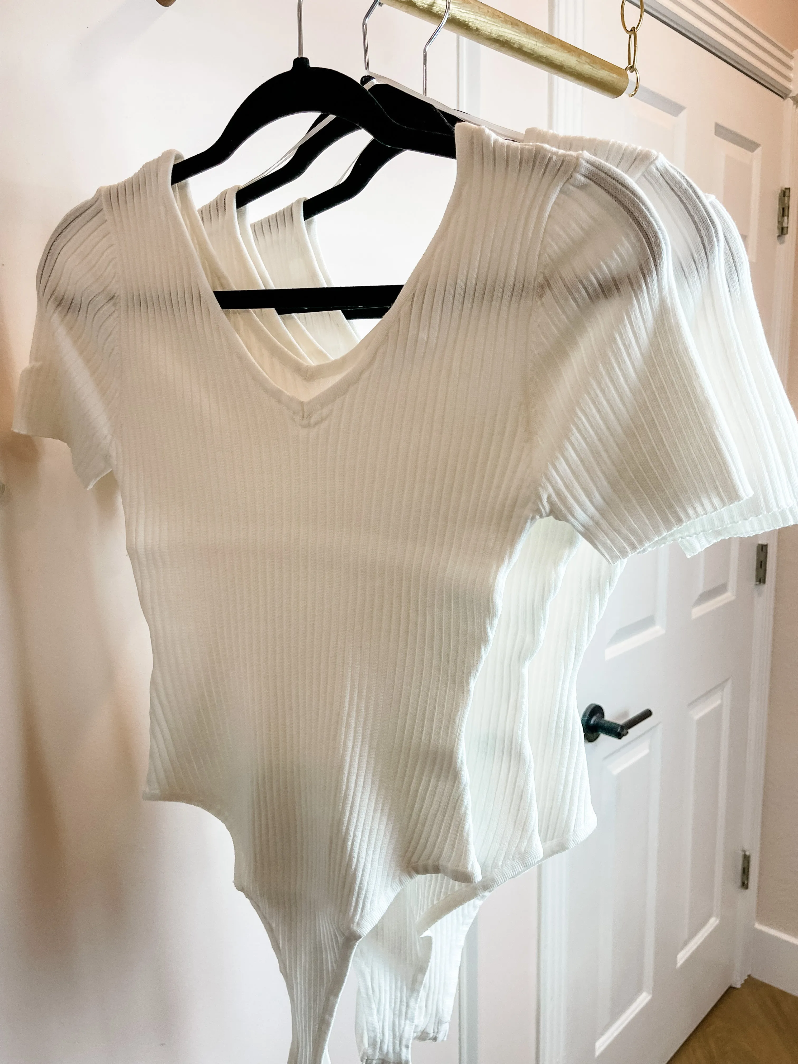 Cosmos, Soft, Ribbed Knit, V-Neck, Short Sleeve Bodysuit, White