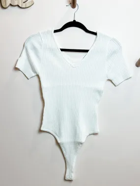 Cosmos, Soft, Ribbed Knit, V-Neck, Short Sleeve Bodysuit, White