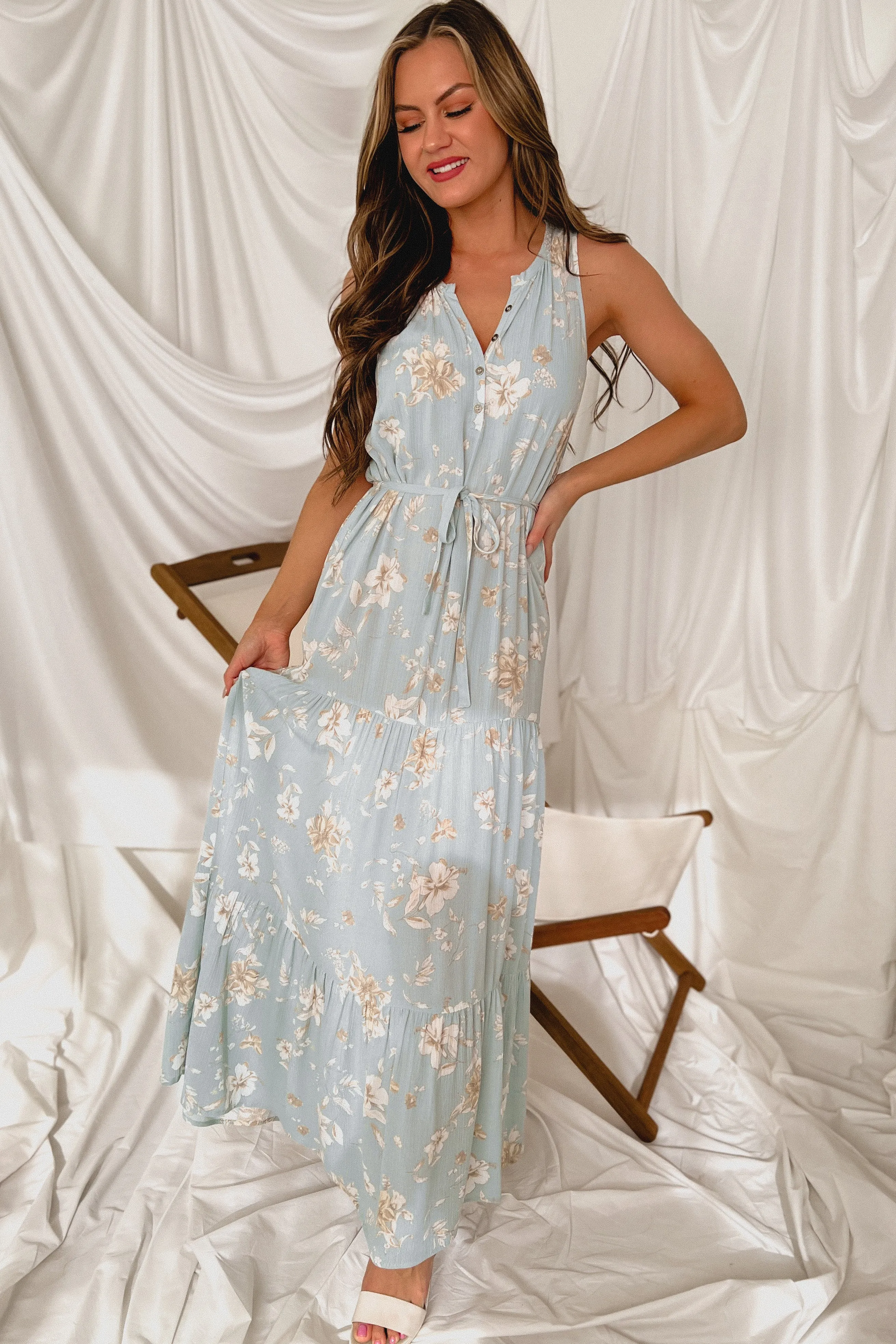 Cultivated Allure Floral Maxi Dress (Sky Blue)