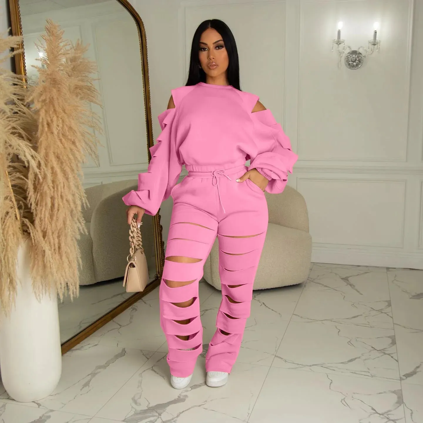 Customized Logo Solid Color Cut-Out Ripped Long Sleeve Top   Hollow-Out Joggers Tracksuit to 3X