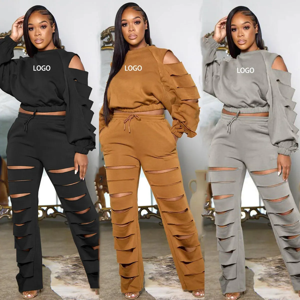Customized Logo Solid Color Cut-Out Ripped Long Sleeve Top   Hollow-Out Joggers Tracksuit to 3X