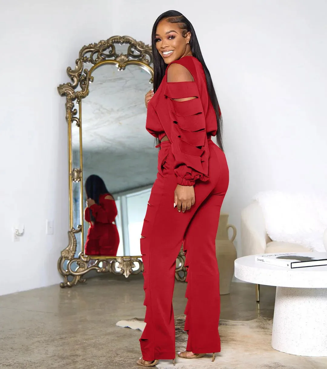 Customized Logo Solid Color Cut-Out Ripped Long Sleeve Top   Hollow-Out Joggers Tracksuit to 3X