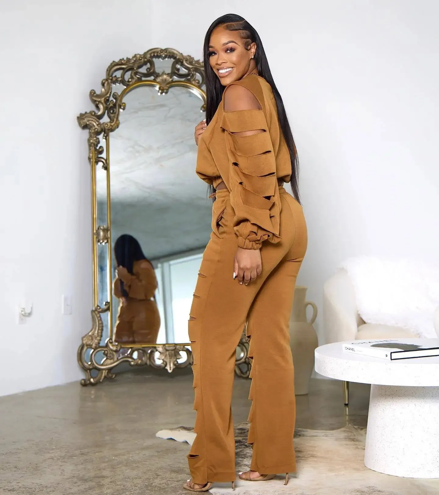 Customized Logo Solid Color Cut-Out Ripped Long Sleeve Top   Hollow-Out Joggers Tracksuit to 3X