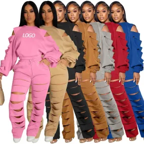 Customized Logo Solid Color Cut-Out Ripped Long Sleeve Top   Hollow-Out Joggers Tracksuit to 3X