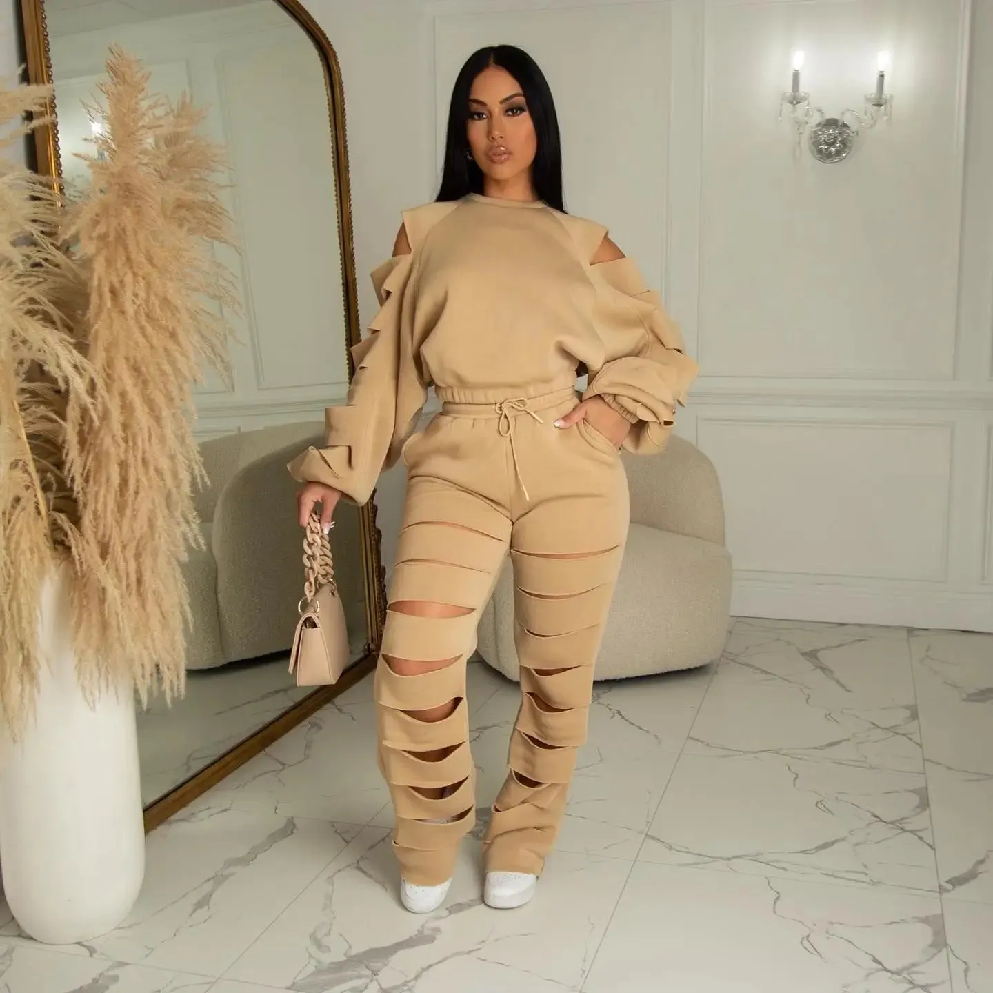 Customized Logo Solid Color Cut-Out Ripped Long Sleeve Top   Hollow-Out Joggers Tracksuit to 3X