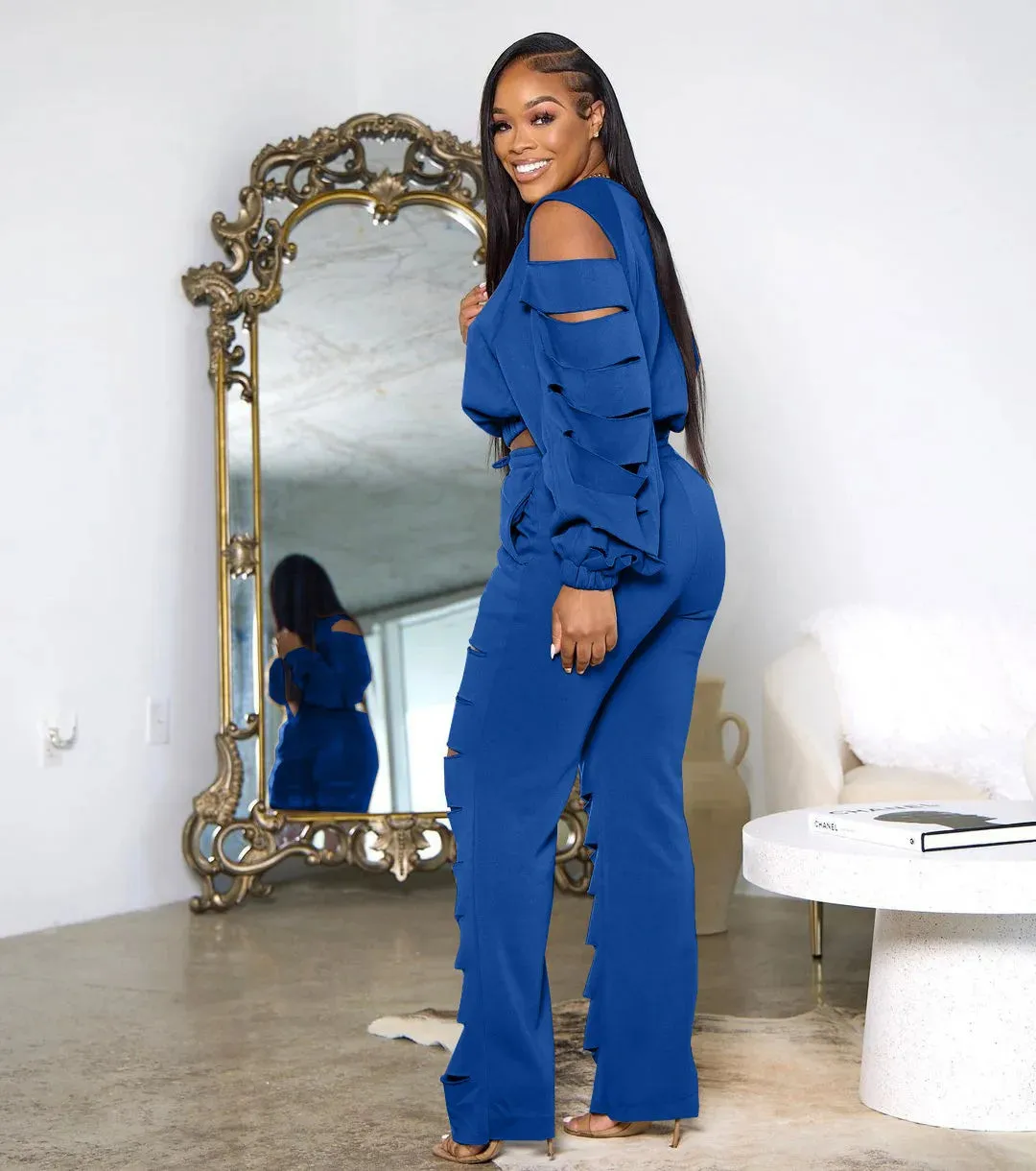 Customized Logo Solid Color Cut-Out Ripped Long Sleeve Top   Hollow-Out Joggers Tracksuit to 3X