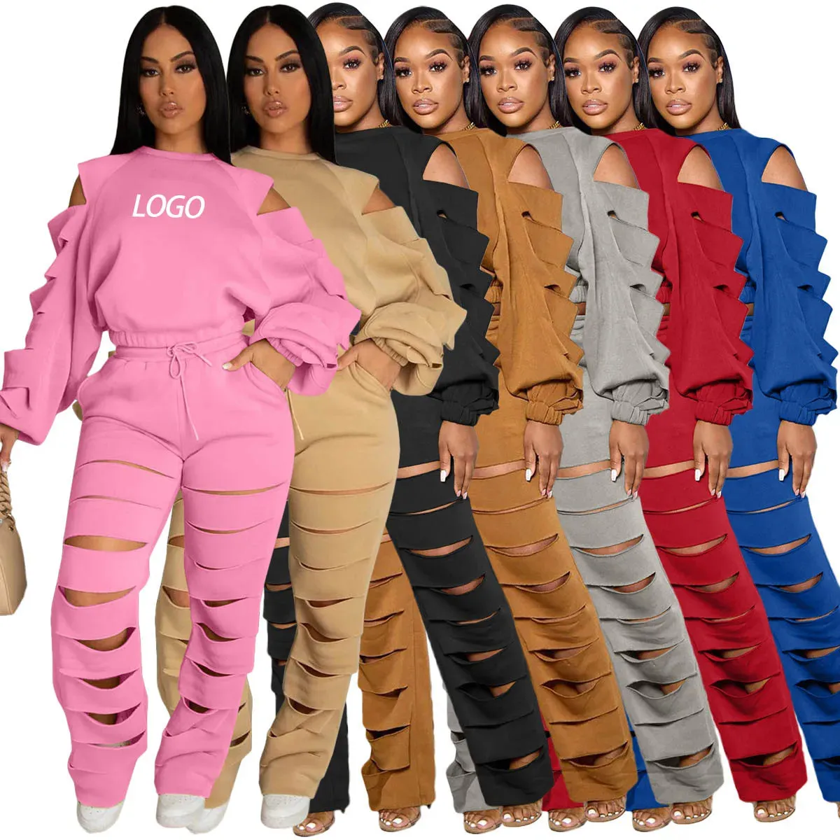 Customized Logo Solid Color Cut-Out Ripped Long Sleeve Top   Hollow-Out Joggers Tracksuit to 3X