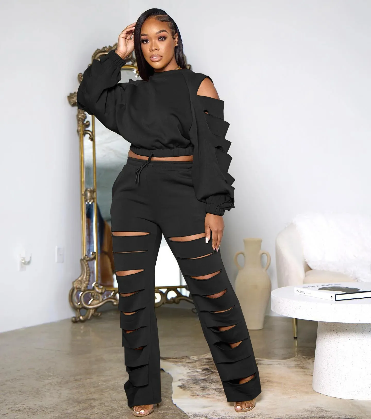 Customized Logo Solid Color Cut-Out Ripped Long Sleeve Top   Hollow-Out Joggers Tracksuit to 3X