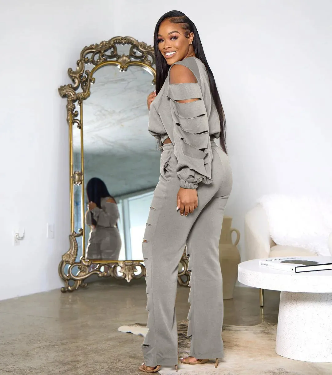 Customized Logo Solid Color Cut-Out Ripped Long Sleeve Top   Hollow-Out Joggers Tracksuit to 3X