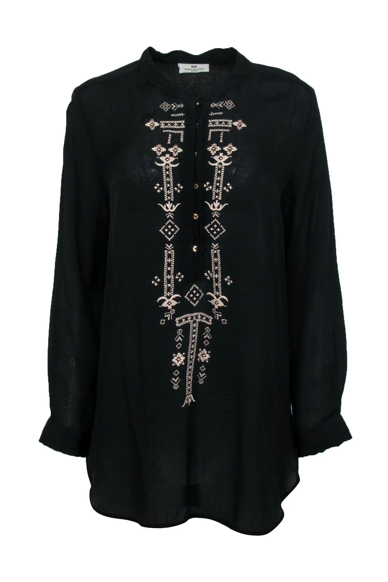 DAY Birger et Mikkelsen - Black Long Sleeve Tunic Blouse w/ Embroidery Sz M