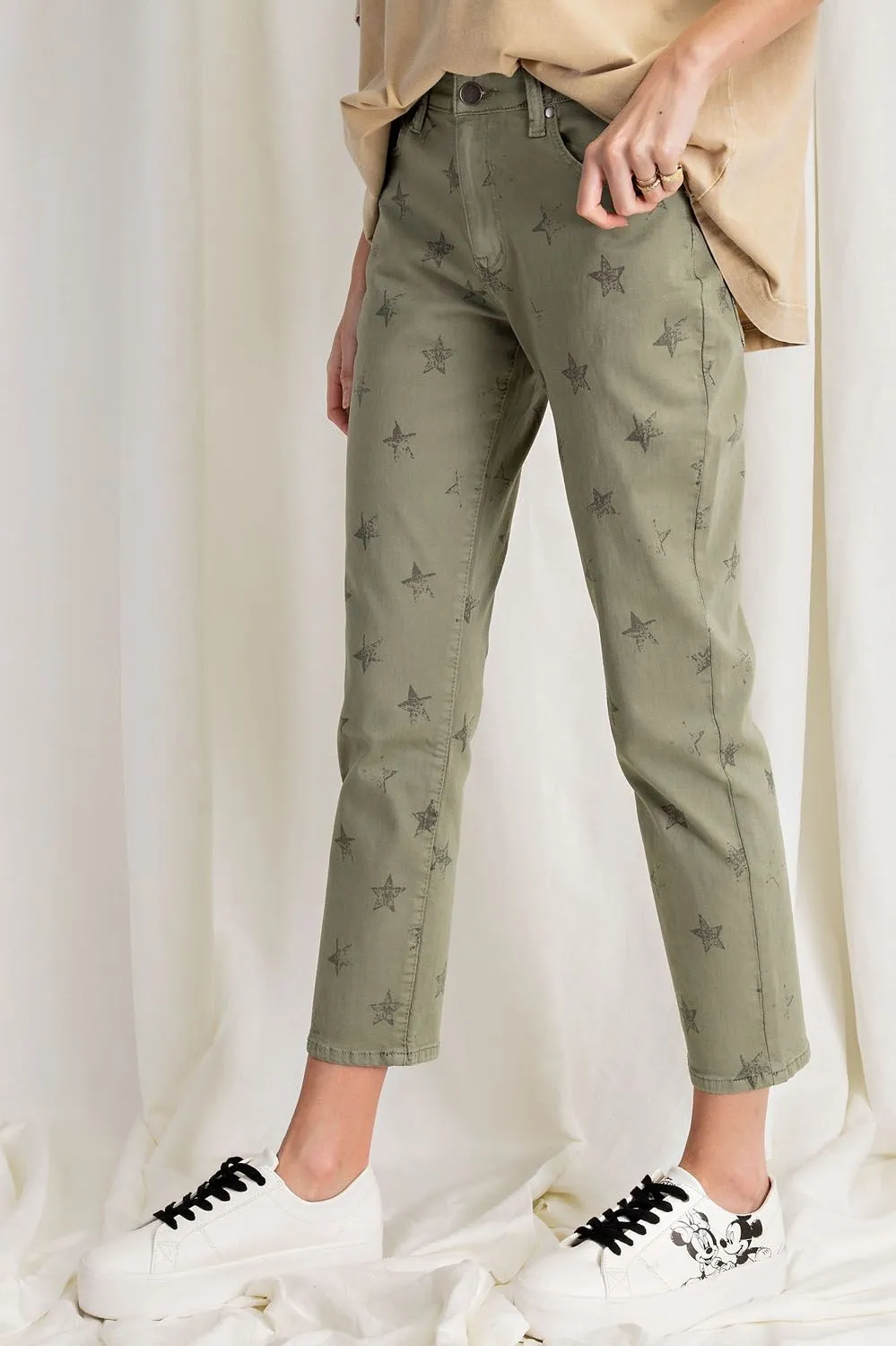 Easel Star Print Distressed Stretch Twill Washed Chino Pants by Sensual Fashion Boutique