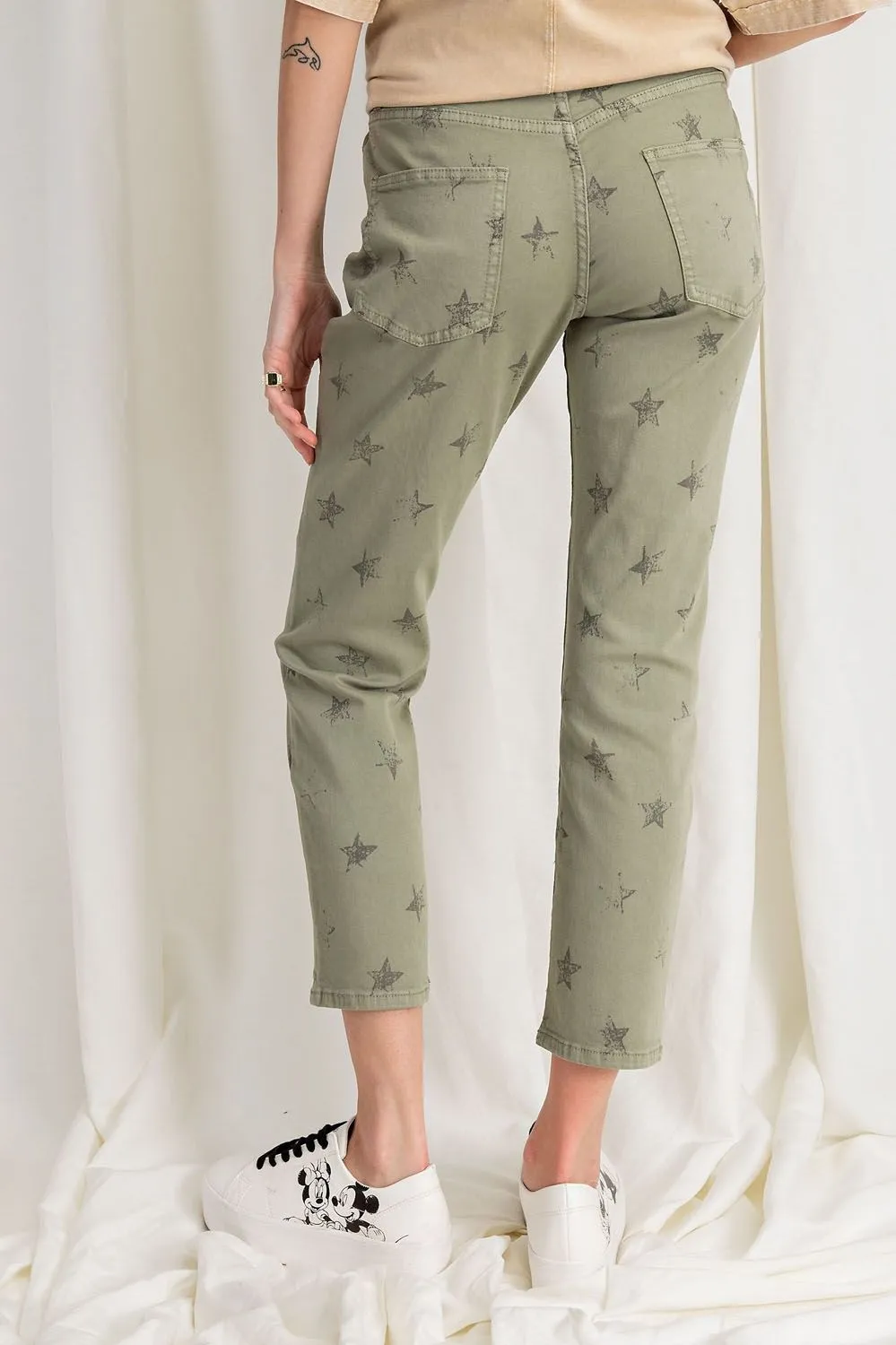 Easel Star Print Distressed Stretch Twill Washed Chino Pants by Sensual Fashion Boutique