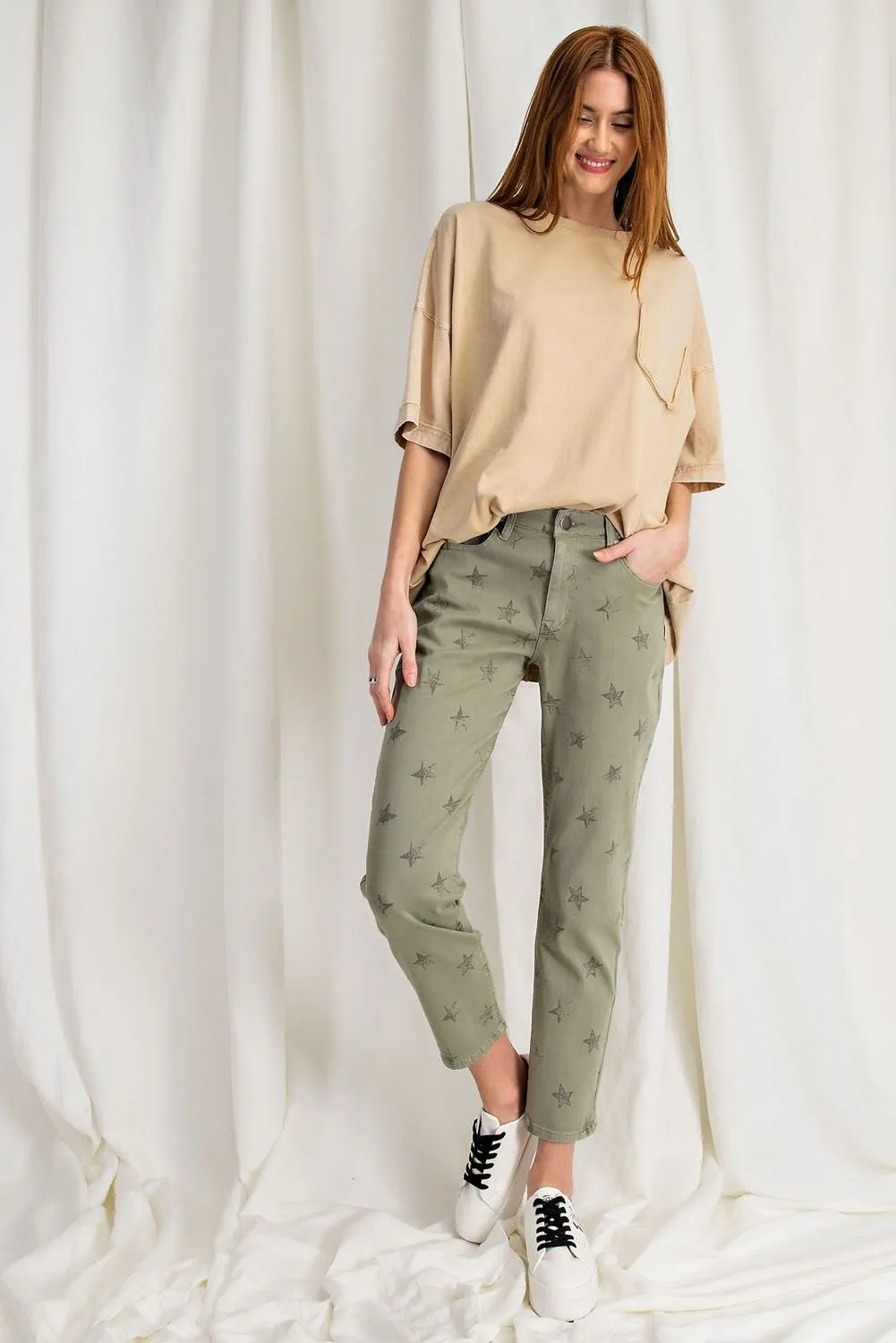 Easel Star Print Distressed Stretch Twill Washed Chino Pants by Sensual Fashion Boutique