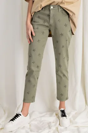Easel Star Print Distressed Stretch Twill Washed Chino Pants by Sensual Fashion Boutique