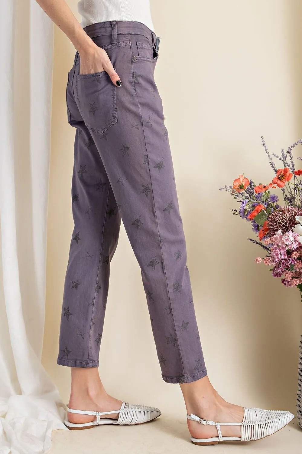 Easel Star Print Distressed Stretch Twill Washed Chino Pants by Sensual Fashion Boutique