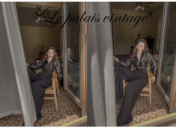 Elegant retro good fit high waist black wide-leg pants - Sama