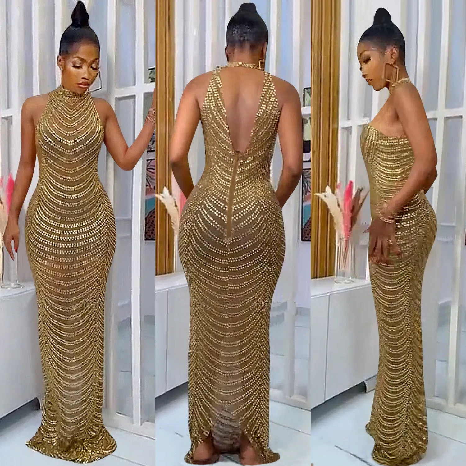 Exquisite Diamond-studded Backless Evening Maxi Sparkly Dress