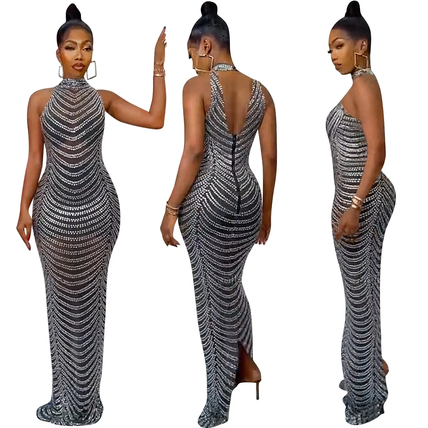 Exquisite Diamond-studded Backless Evening Maxi Sparkly Dress