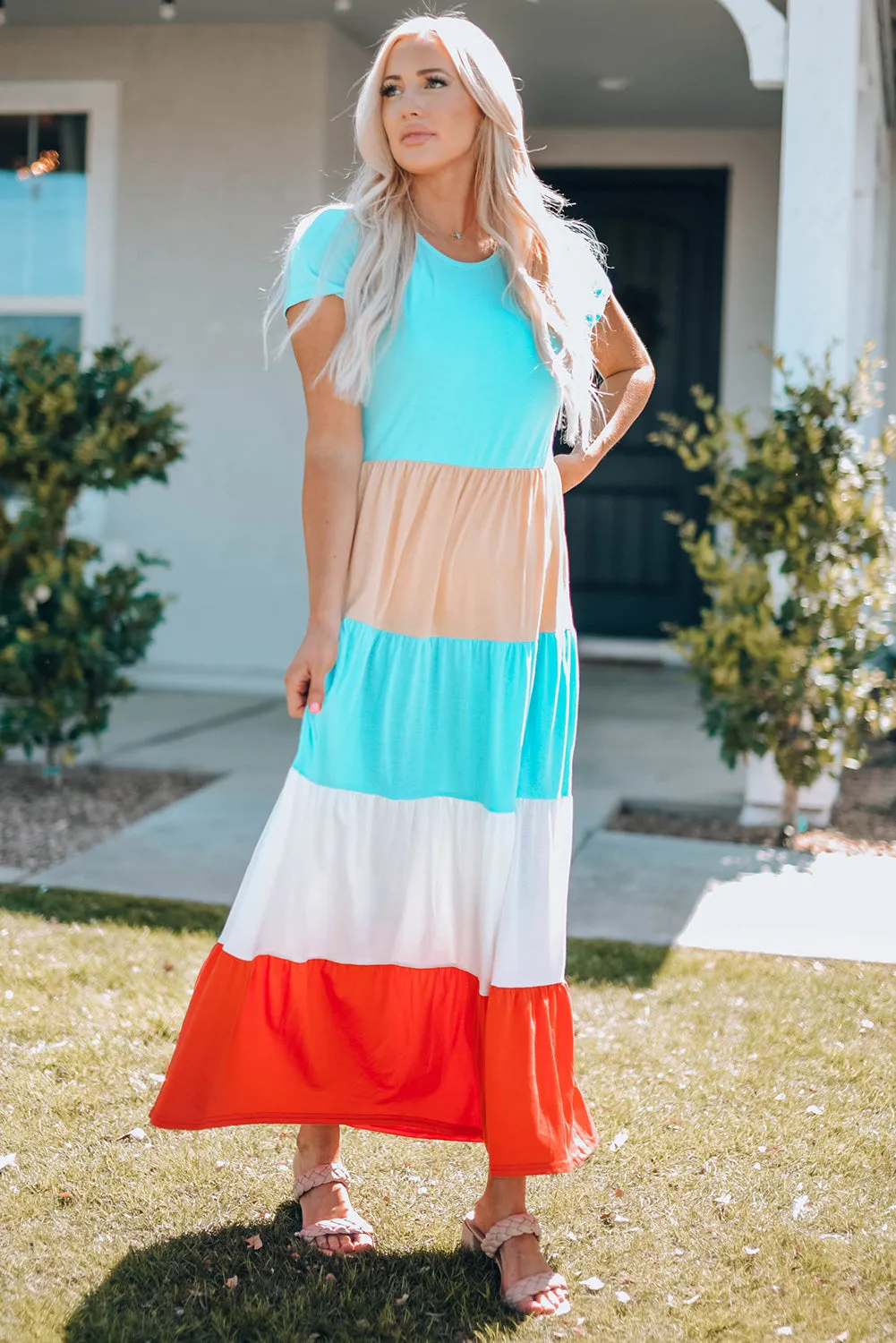 Family Matching Short Sleeve Color Block Adult Maxi Dress