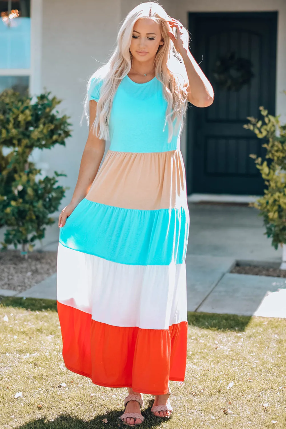 Family Matching Short Sleeve Color Block Adult Maxi Dress