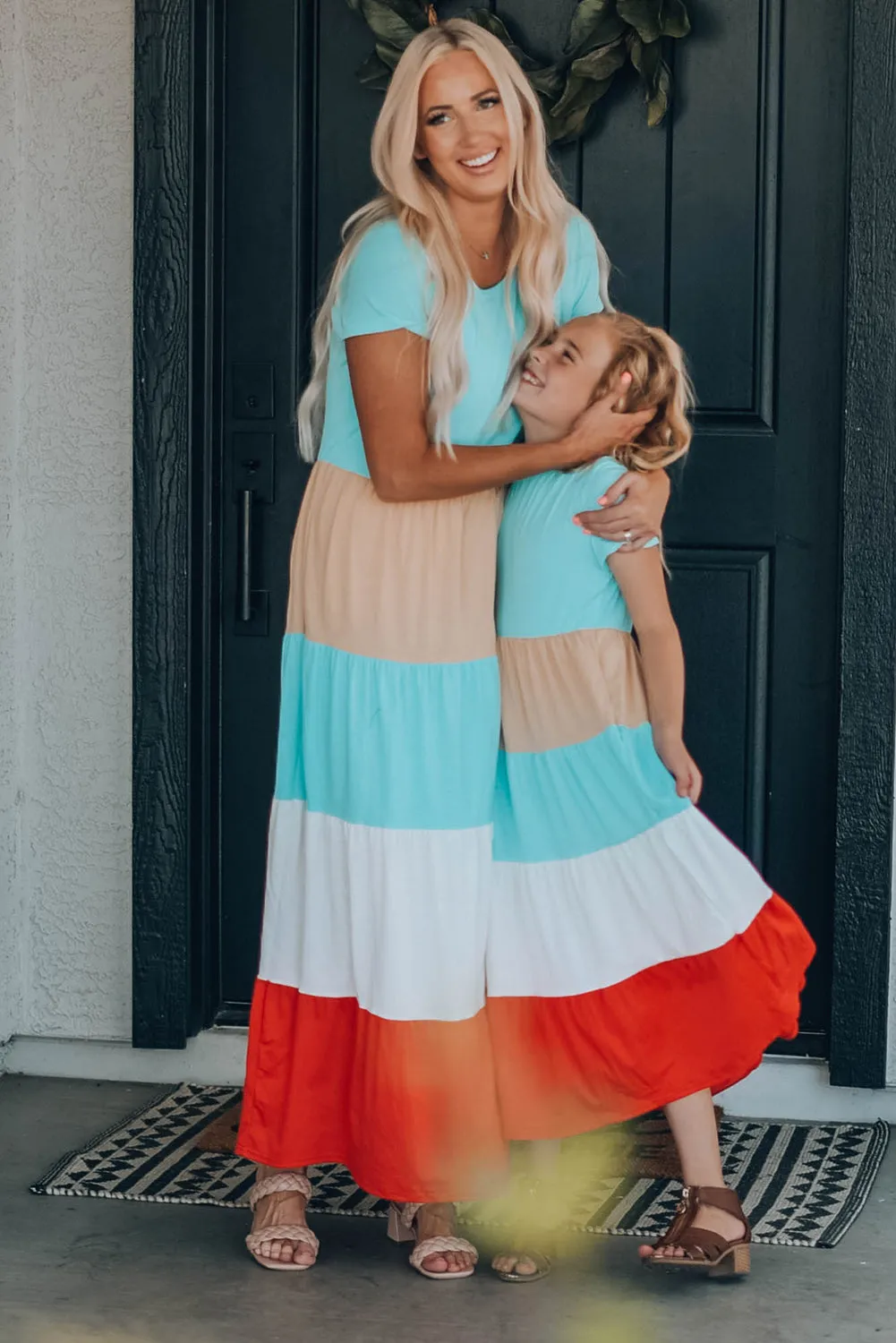 Family Matching Short Sleeve Color Block Adult Maxi Dress