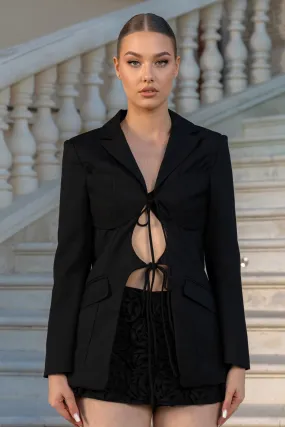 Fitted Longline Tie Up Blazer - Black