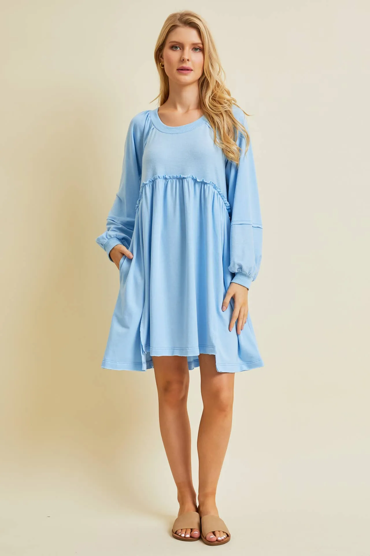 FLOWY FLARE BABYDOLL DRESS WITH POCKETS: SKY