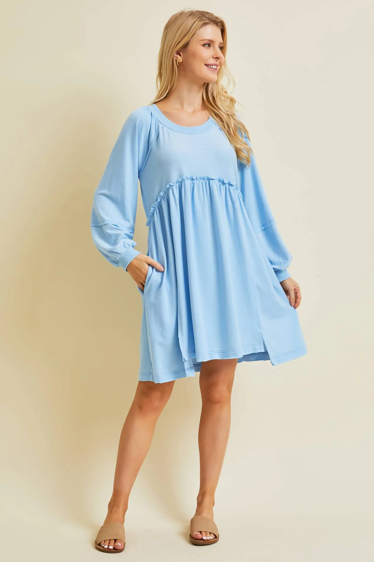 FLOWY FLARE BABYDOLL DRESS WITH POCKETS: SKY