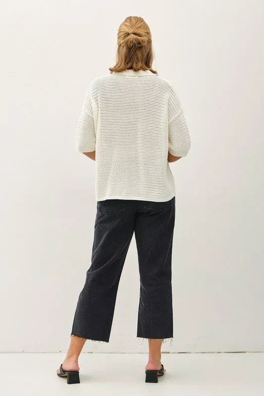 Get Hooked Plus White Boxy Crochet Button Sweater Top