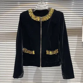 Hit Color Spliced Sequins Coats For Women Round Neck Long Sleeve Patchwork Beading Vintage Coat Female Fashion