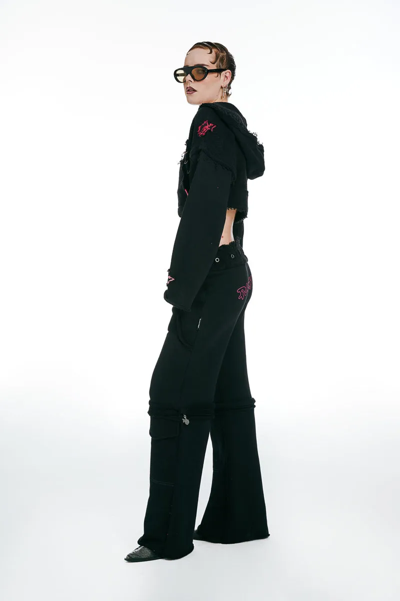 Hooded Cropped Sweatshirt and Joggers With Zipper Black