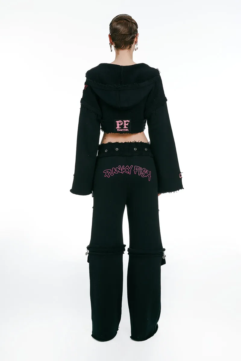 Hooded Cropped Sweatshirt and Joggers With Zipper Black
