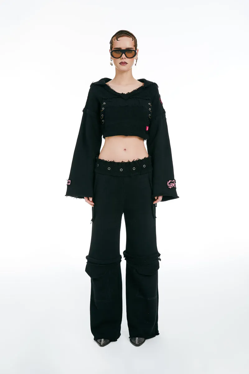 Hooded Cropped Sweatshirt and Joggers With Zipper Black
