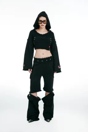 Hooded Cropped Sweatshirt and Joggers With Zipper Black