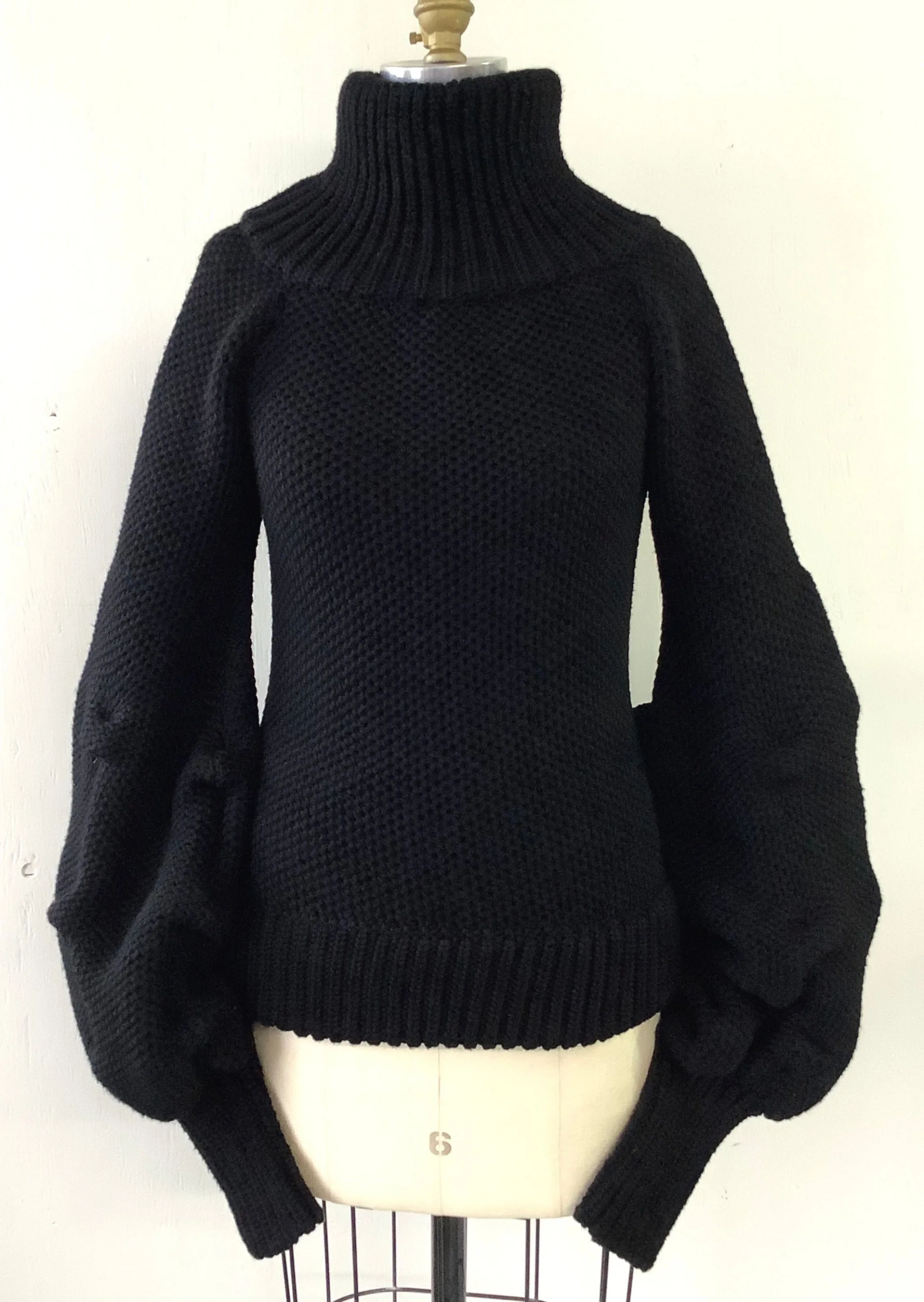 JOHANNA ORITZ women's black IRINA wool sweater with puffed sleeves and oversized ribbed turtleneck, cuffs and hem, 4