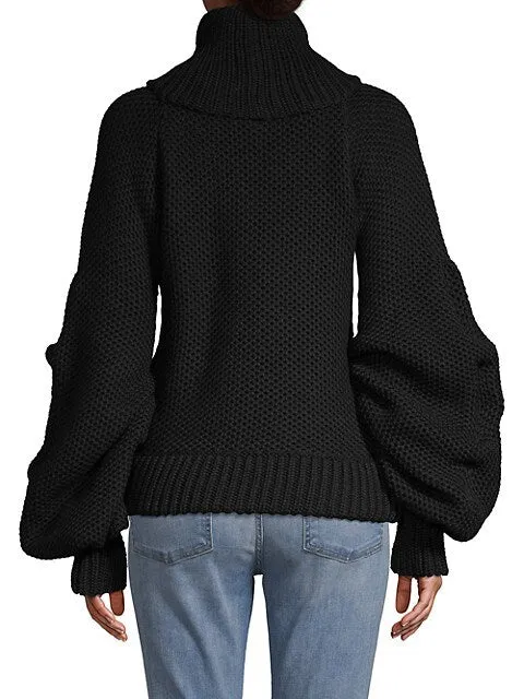JOHANNA ORITZ women's black IRINA wool sweater with puffed sleeves and oversized ribbed turtleneck, cuffs and hem, 4