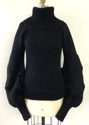 JOHANNA ORITZ women's black IRINA wool sweater with puffed sleeves and oversized ribbed turtleneck, cuffs and hem, 4