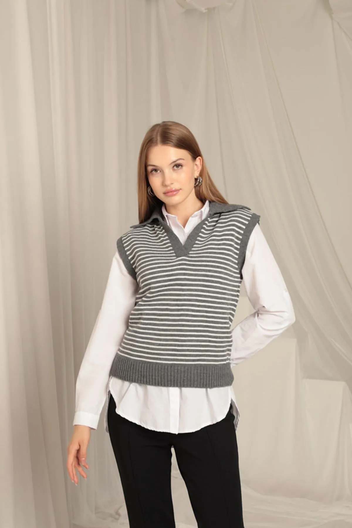 KKT Knitwear Fabric Striped Women's Crop Anthracite Sweater - Formigine