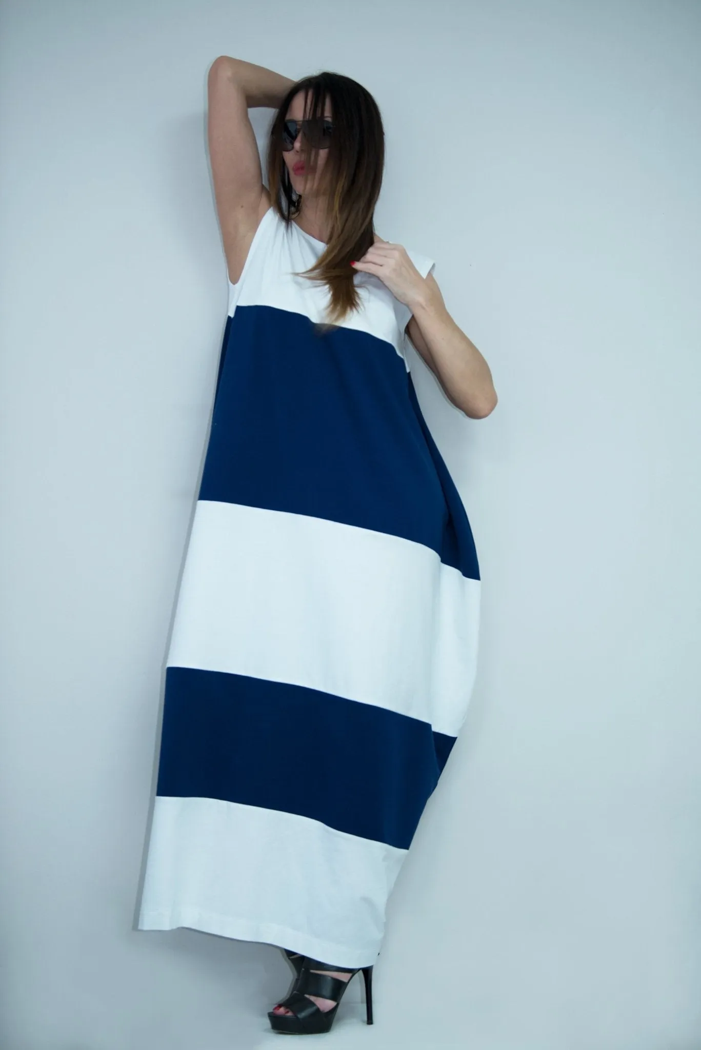 KORA White and Navy Blue Summer Dress with 2 sides pockets