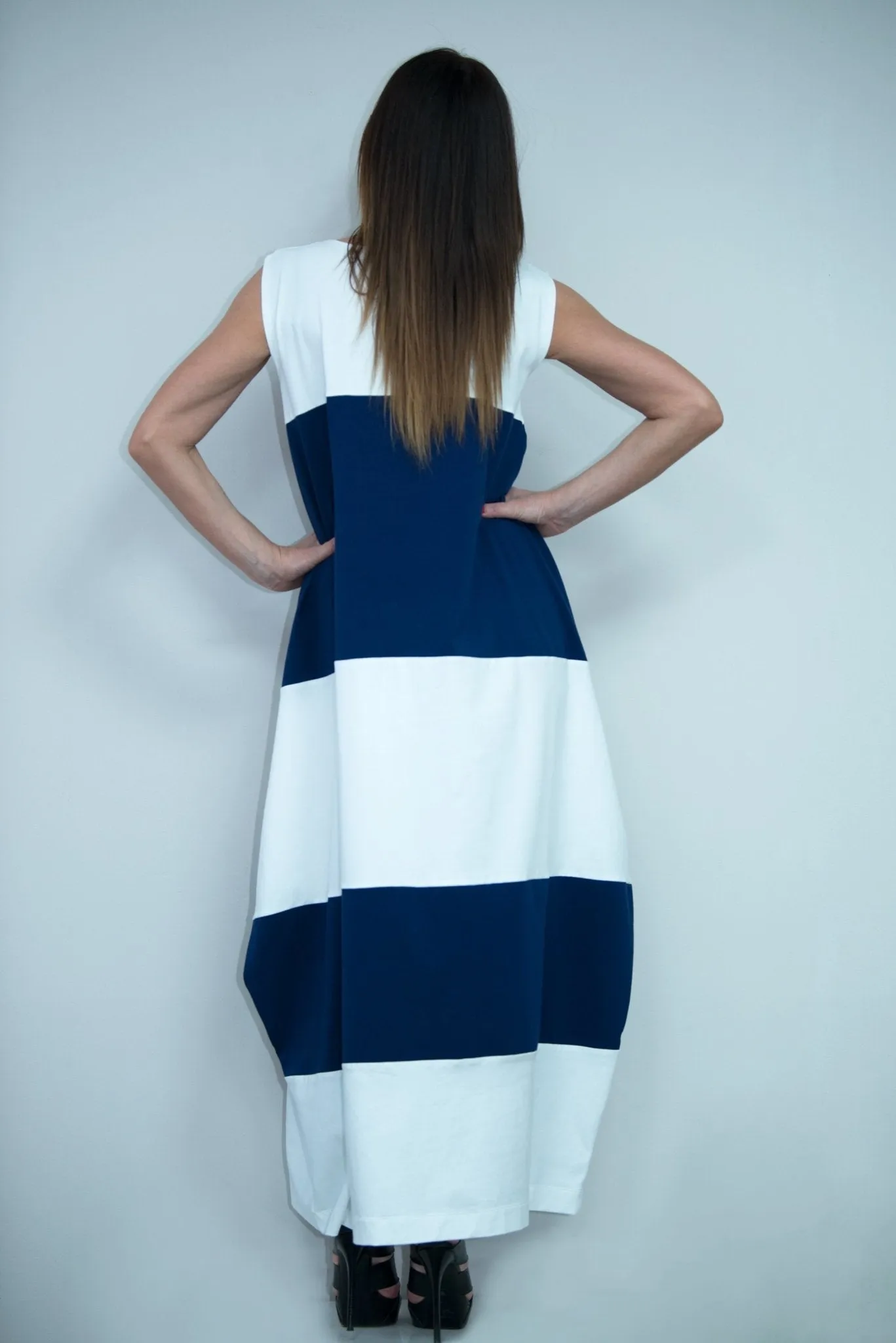 KORA White and Navy Blue Summer Dress with 2 sides pockets