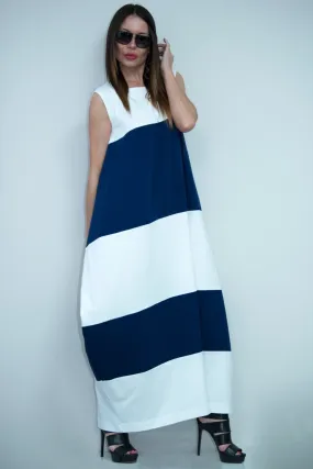 KORA White and Navy Blue Summer Dress with 2 sides pockets