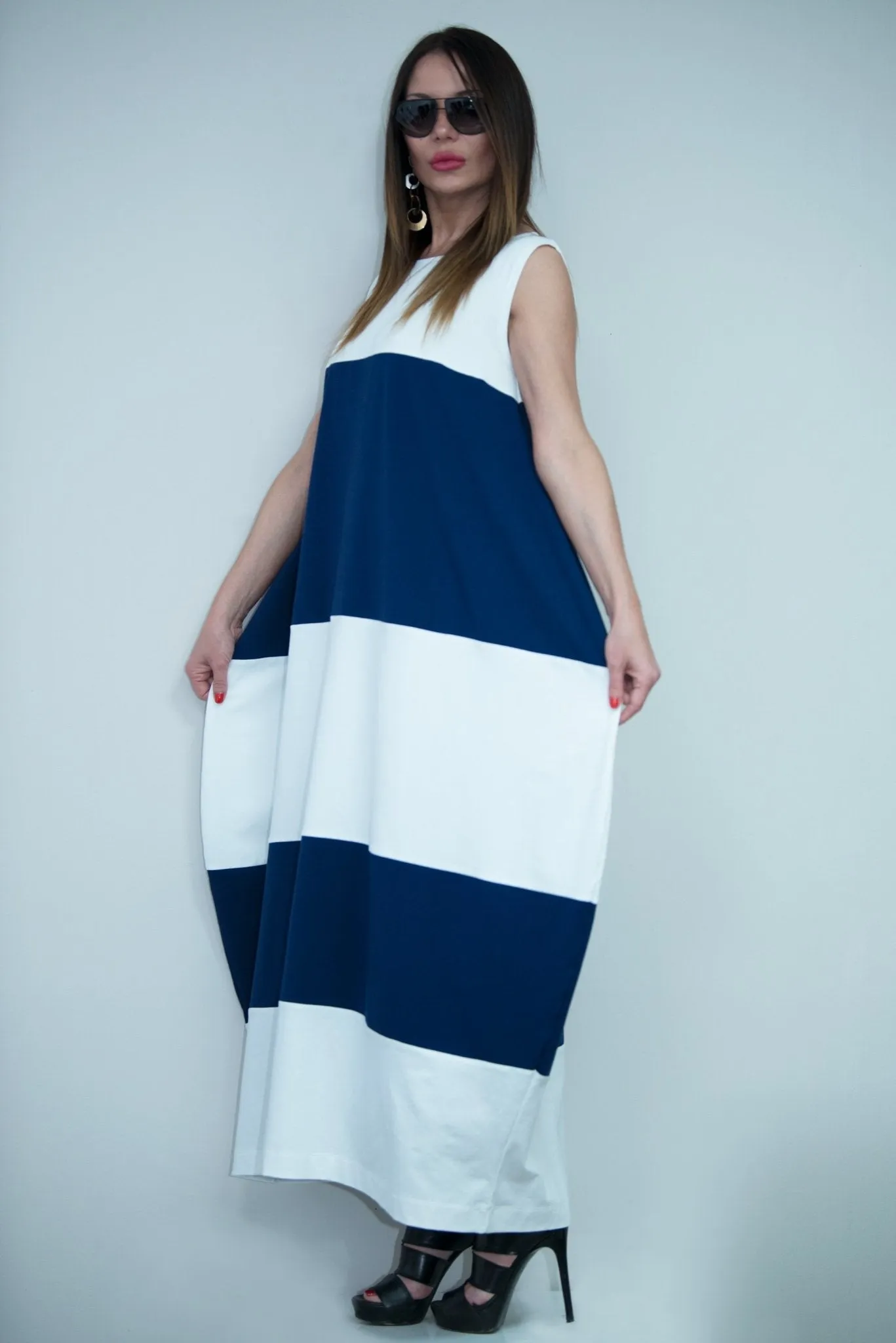 KORA White and Navy Blue Summer Dress with 2 sides pockets