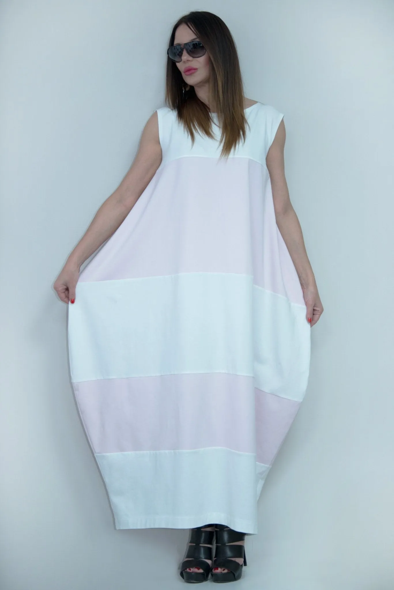 KORA White and Navy Blue Summer Dress with 2 sides pockets