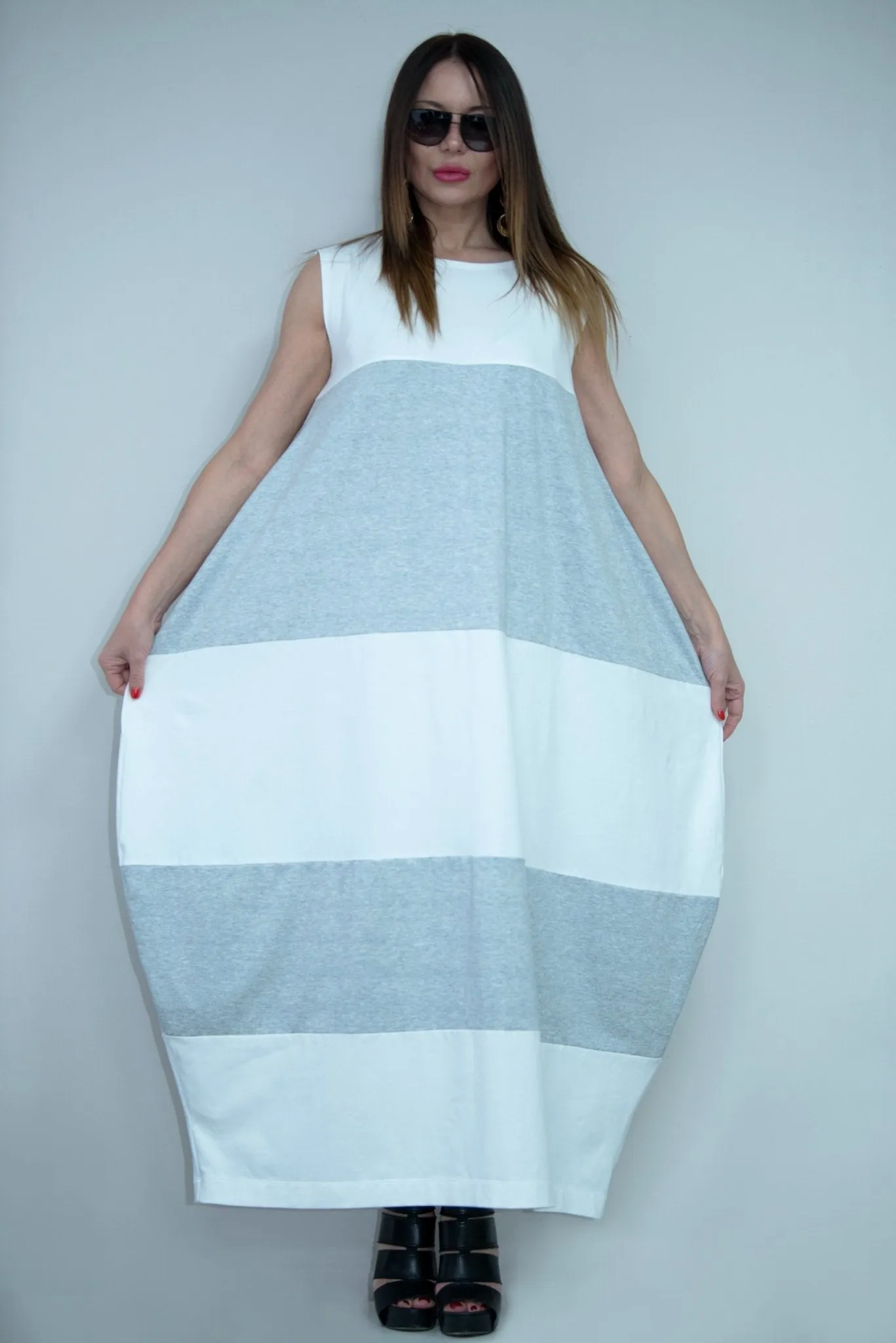 KORA White and Navy Blue Summer Dress with 2 sides pockets