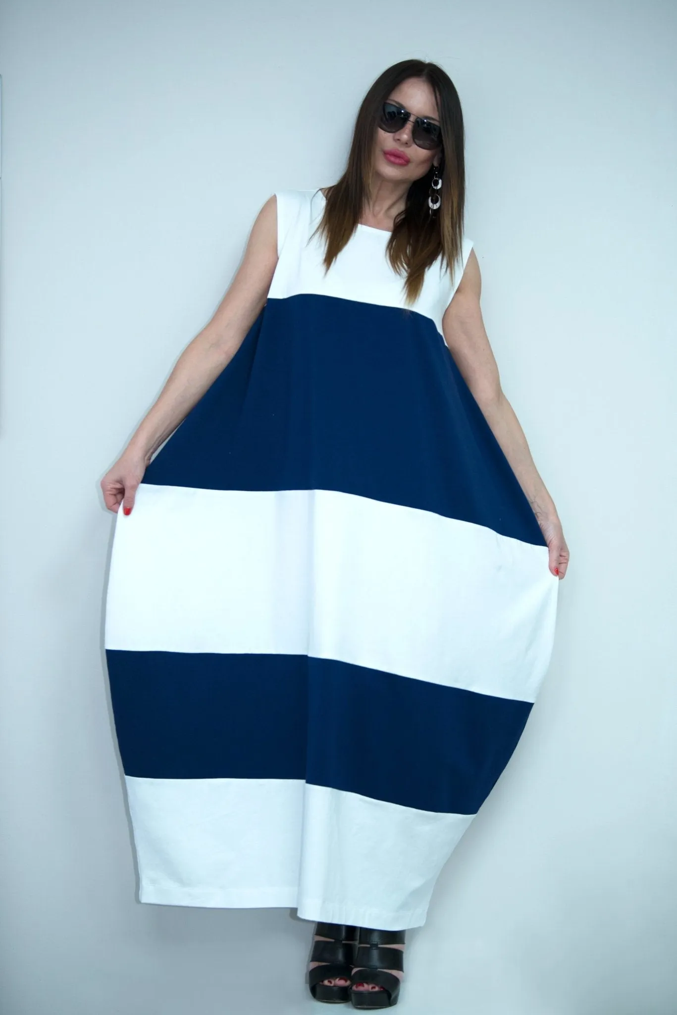 KORA White and Navy Blue Summer Dress with 2 sides pockets