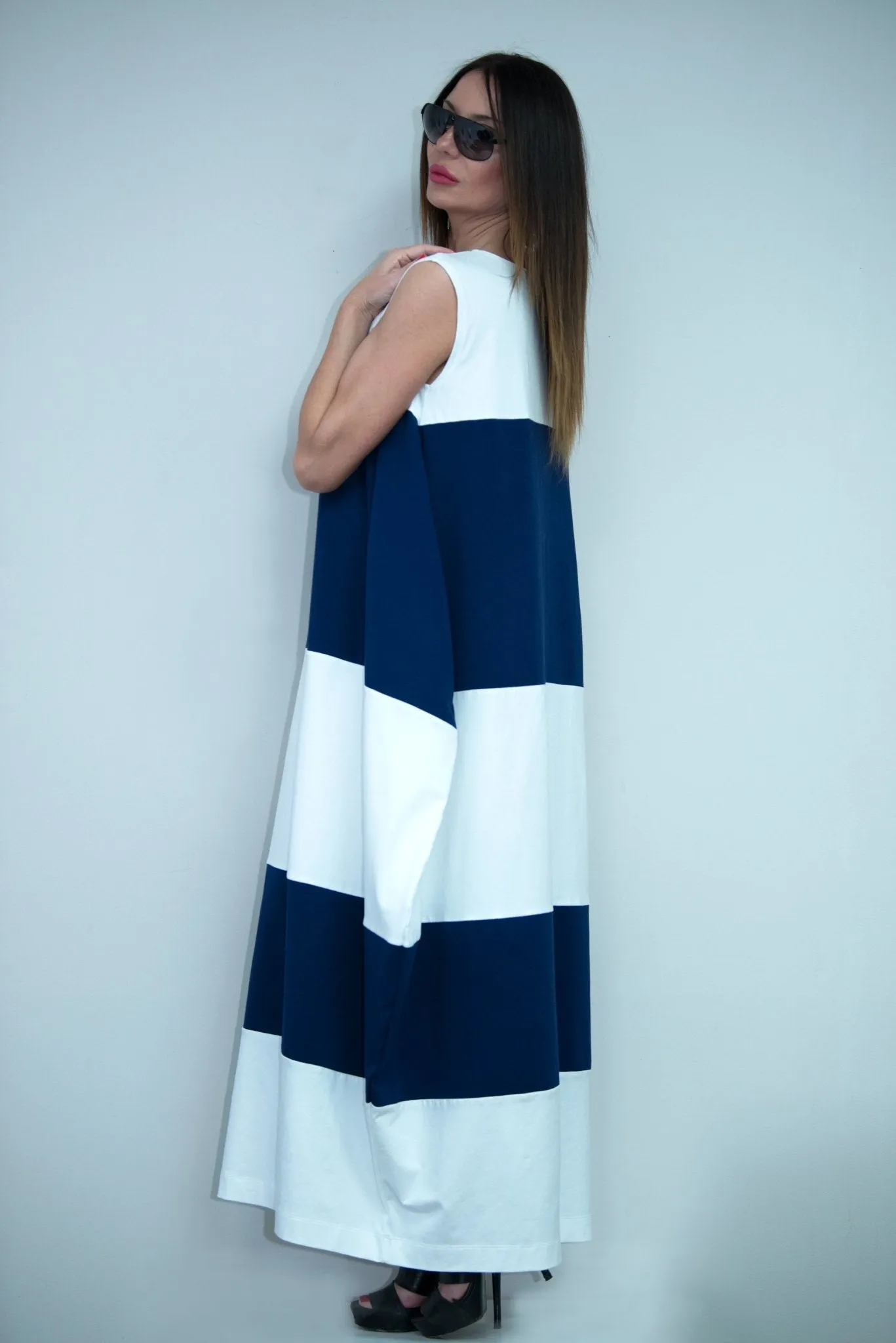 KORA White and Navy Blue Summer Dress with 2 sides pockets