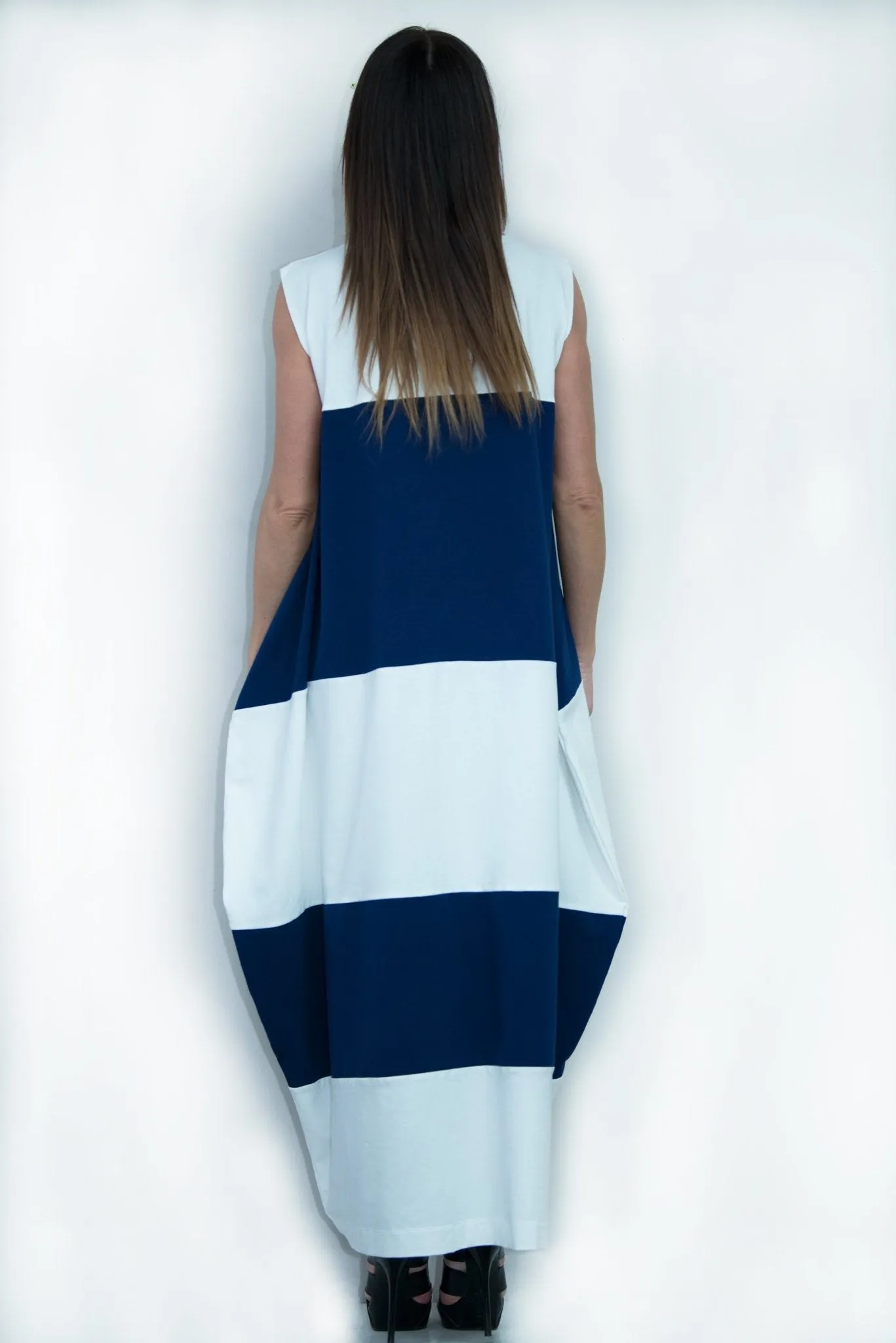 KORA White and Navy Blue Summer Dress with 2 sides pockets