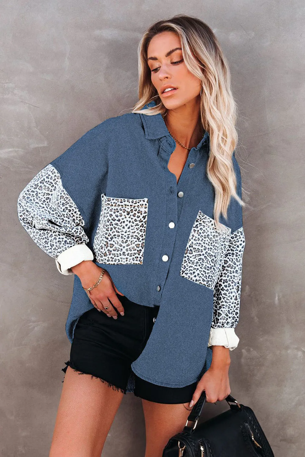 Leopard Print Rolled Sleeves Button Up Denim Jacket