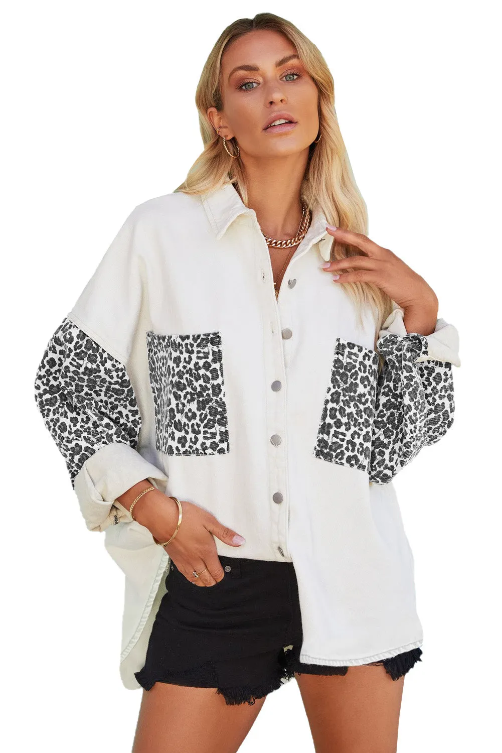 Leopard Print Rolled Sleeves Button Up Denim Jacket