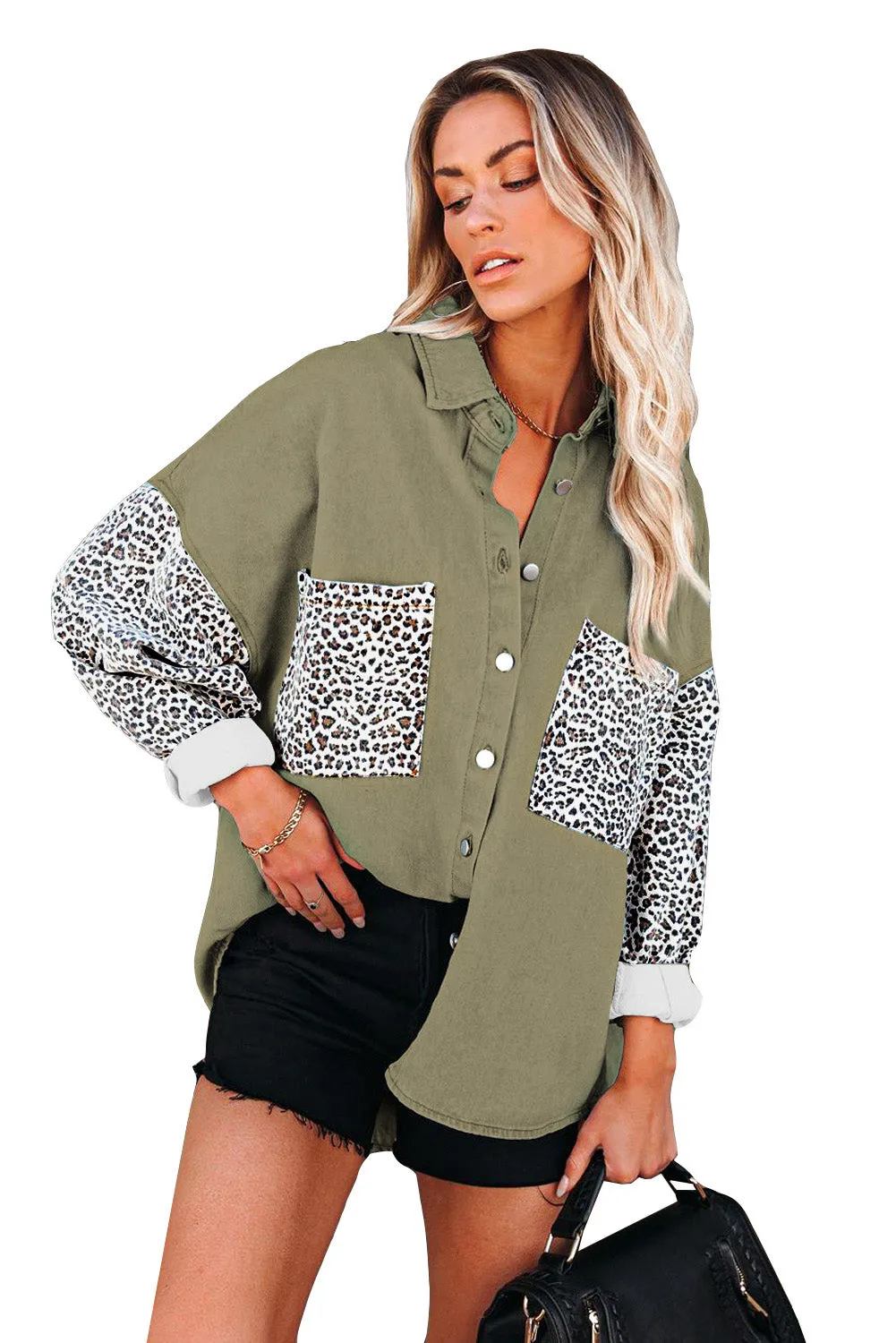 Leopard Print Rolled Sleeves Button Up Denim Jacket